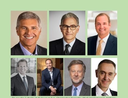 De gauche à droite et de haut en bas, Christopher Nassetta, Mark Hoplamazian, Anthony Capuano, Geoffrey Ballotti, Patrick Pacious, Sébastien Bazin et Elie Maalouf@ credis Hospitality Companies