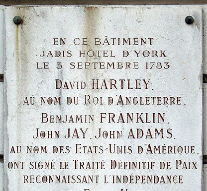 Plaque du Traité de Paris, 56 rue Jacob Paris @ credit Wikipedia Commons