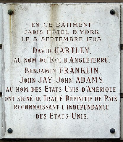 Plaque du Traité de Paris, 56 rue Jacob Paris @ credit Wikipedia Commons