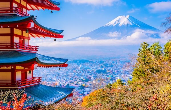 Beautiful landscape of mountain fuji with chureito pagoda around maple leaf tree in autumn season @ credit Depositphotos