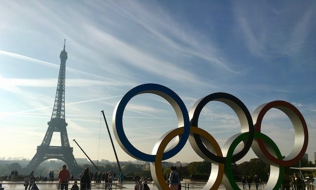Olympic games symbol on Trocadero place in front of the Eiffel tower @ credit Depositphotos