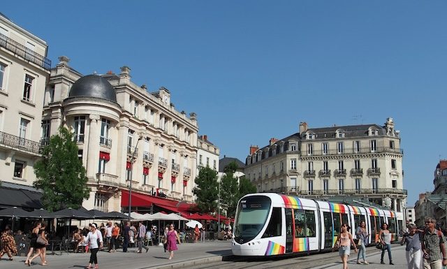 Angers, France, July 2013, tramway in the town center square