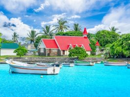 Landscape with Red church at Cap Malheureux village, Mauritius Island