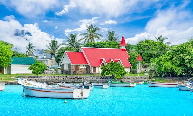 Landscape with Red church at Cap Malheureux village, Mauritius Island