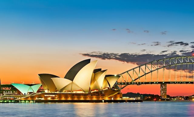 Sydney. New South Wales. Australia. The Opera House at sunset and the harbour bridge