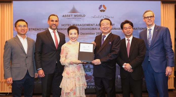 Wallapa Traisorat (au centre à gauche), PDG d'Asset World Corporation, et Toshihiro Ogita (au centre à droite), président d'Hotel Okura, lors de la cérémonie de signature (Photo : Business Wire)