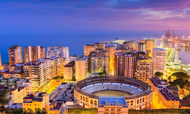 Malaga, Spain skyline towards the Mediterranean Sea.