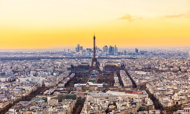 Aerial sunset view of Paris with Eiffel tower, France.