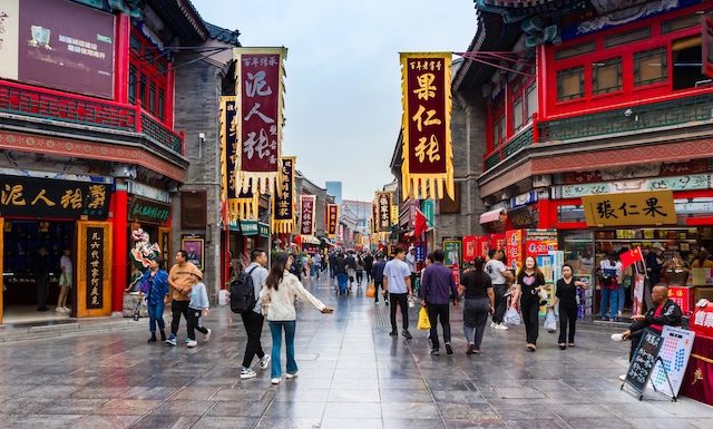 Shops and restaurants in the Ancient Cultural Street of Tianjin, China
