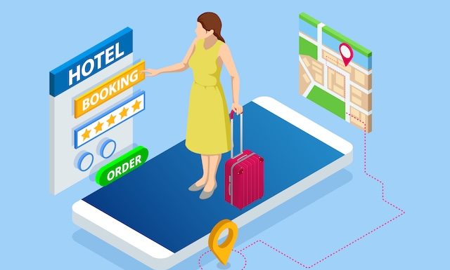 Isometric online hotel booking concept. Young woman holding