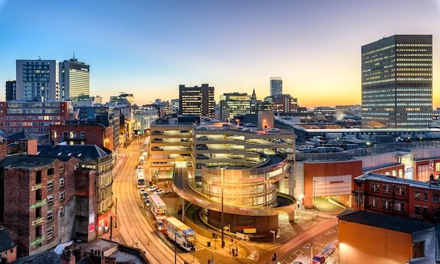 Aerial view of City Center Manchester, UK.