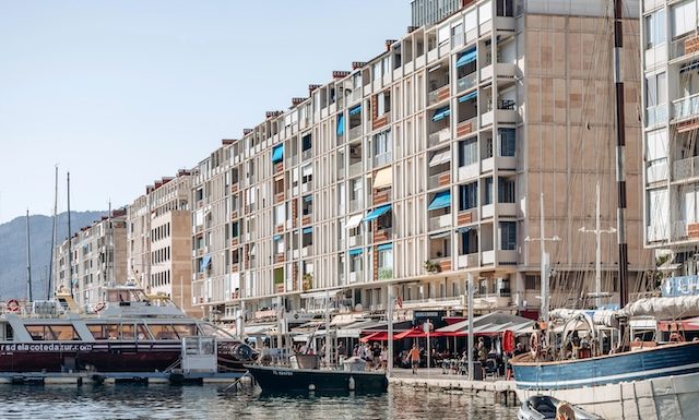 Toulon, France - July 10, 2024 : Constructivist buildings in Toulon on the seafront