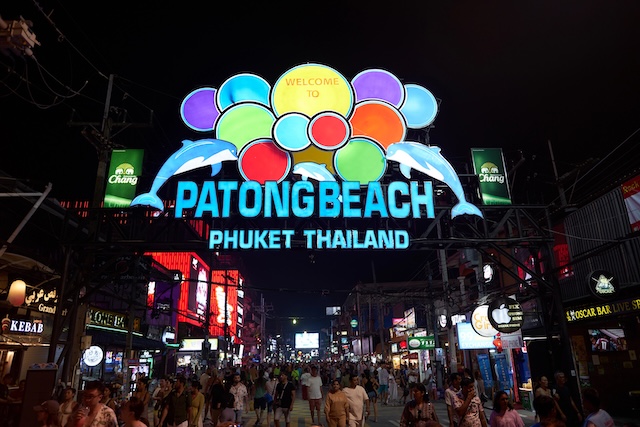 PHUKET, THAILAND - APRIL 15, 2023: Patong Beach Bangla Walking Street sign as seen in the night.