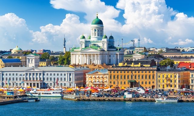Scenic summer panorama of the Market Square (Kauppatori) at the Old Town pier in Helsinki, Finland