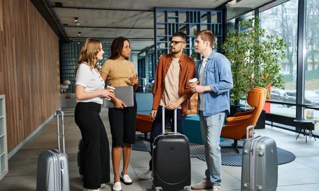 Collègues à l'arrivée pour une séminaire dans un hôtel