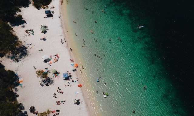 Aerial Drone shot Lake McKenzie, Fraser Island also called kgari, Queensland QLD, Australia