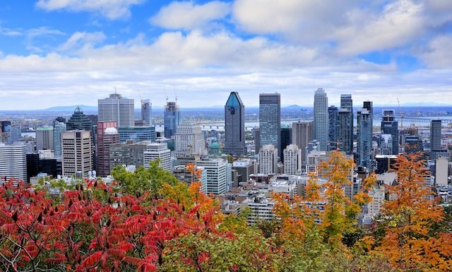 View over the skyline of the city of Montreal with fall colors, Quebec, Canada