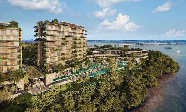 Artist impressions of new accommodation development, overlooking Pumicestone Passage. Bribie Island bridge shown in the background
