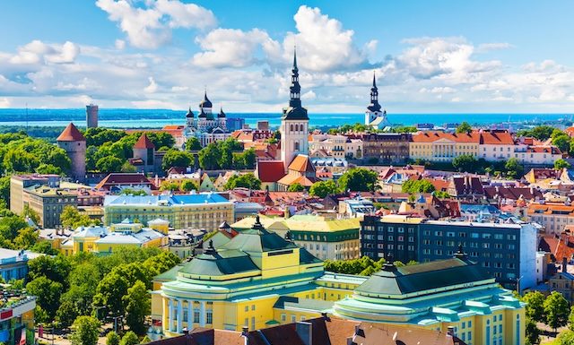 Scenic summer aerial view of the Old Town architecture in Tallinn, Estonia