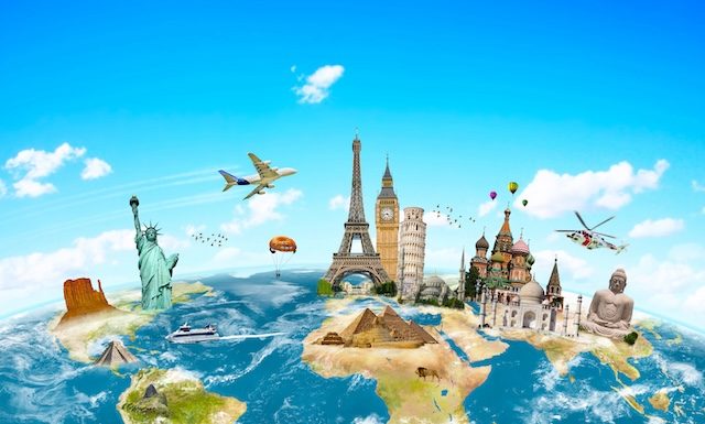 Famous monuments of the world grouped together on planet Earth