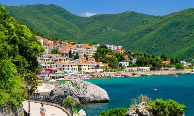 The picturesque city Herceg Novi, Montenegro, in the mountains, shore of Kotor. Scenic summer resort landscape in Herceg Novi. Spring in Crna Gora