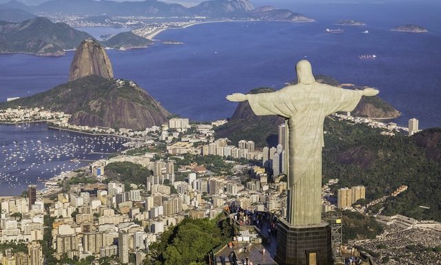 Rio de Janeiro, Brazil : Aerial view of Christ and Botafogo Bay from high angle