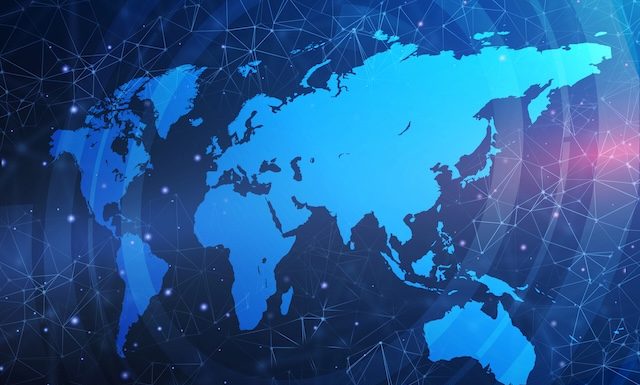 Illustration with world map and global connections network grid against blue background @ credit Depositphotos.com
