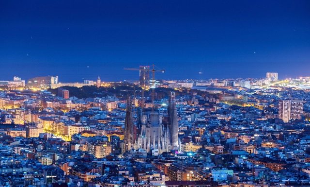 Barcelona skyline panorama at night, Spain