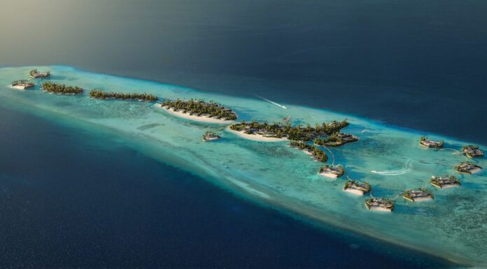 Drone rendering of Nobu Hotel, Residences, and Restaurant Maldives