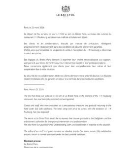 Le message de la Direction du Bristol Paris