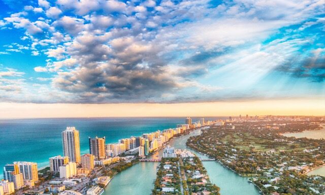 Aerial view of Miami Beach at sunset.