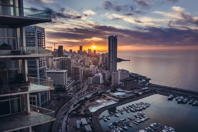 Sunset over Zaituna Bay of Mediterranean Sea in Beirut, capital city of Lebanon