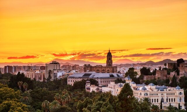 Malaga Old Town Aerial View with Malaga Cathedrat at Sunset