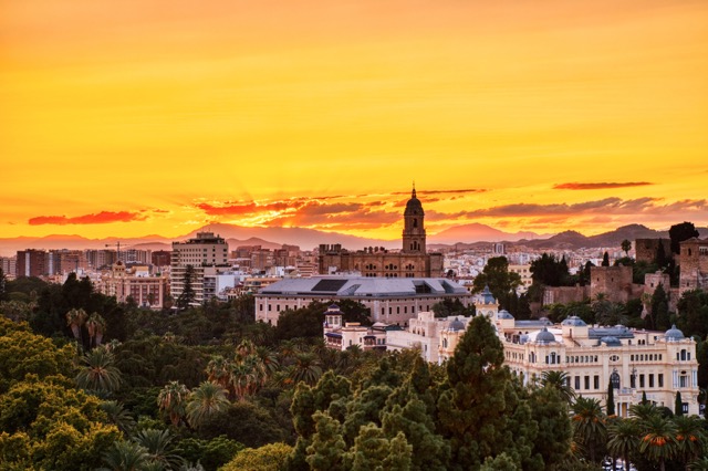 Malaga Old Town Aerial View with Malaga Cathedrat at Sunset