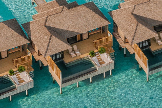 Sunset Horizon Water Villa with Pool Aerial View @ credit Sun Siyam Iru Fushi