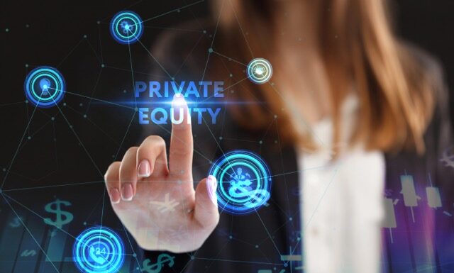 The concept of business, technology, the Internet and the network. A young entrepreneur working on a virtual screen of the future and sees the inscription: Private equity