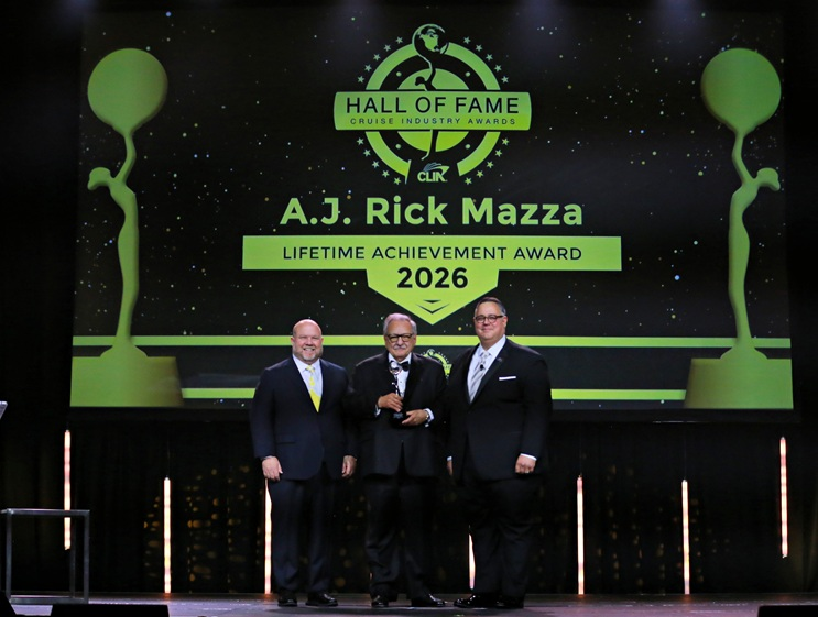 A.J. Rick Mazza, President & CEO, TRAVELSAVERS/NEST (center) accepts CLIA’s 2026 Hall of Fame Lifetime Achievement Award on April 23, 2026, from CLIA President & CEO, Bud Darr (left) and CLIA Vice President of Industry & Trade Relations, Charles Sylvia, ECC (right).