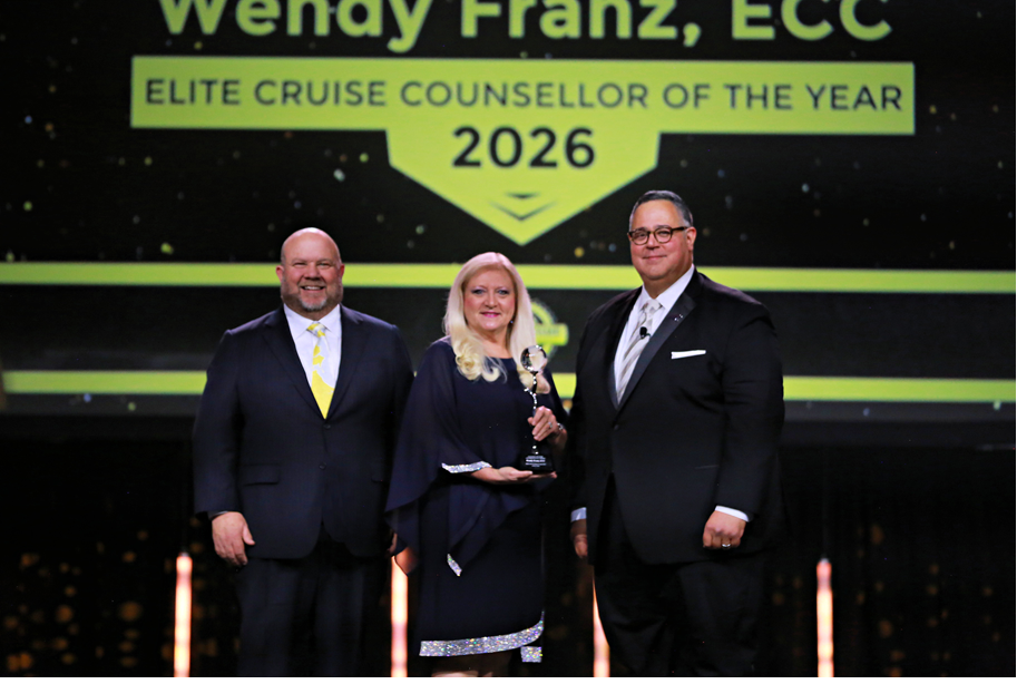 Wendy Franz ECC, CTC, Trevello Travel Group (center) accepts CLIA’s 2026 Hall of Fame Elite Cruise Counsellor of the Year Award on April 23, 2026, from CLIA President & CEO, Bud Darr (left) and CLIA Vice President of Industry & Trade Relations, Charles Sylvia, ECC (right).