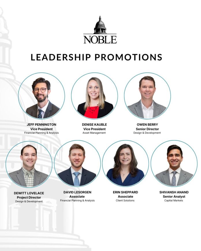 Noble is pleased to announce the promotion of seven professionals across its asset management, design and development, capital markets, and client solutions teams, reflecting the deliberate talent architecture behind a platform built to compound value across cycles through the depth, discipline, and continuity of its people.