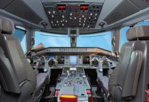 BAKU, AZERBAIJAN - OCTOBER 8, 2017: Flight deck of Embraer E-Jet 190 airplane