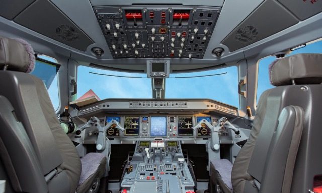 BAKU, AZERBAIJAN - OCTOBER 8, 2017: Flight deck of Embraer E-Jet 190 airplane