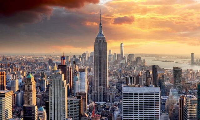 New York skyline at sunset, USA.