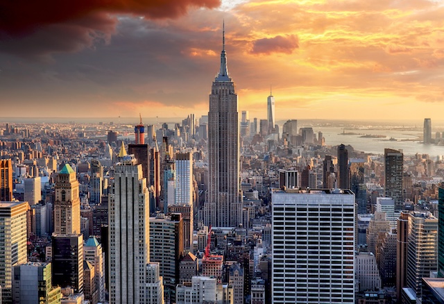 New York skyline at sunset, USA.