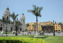 Downtown in Lima Peru showing cathedral and colonial buildings