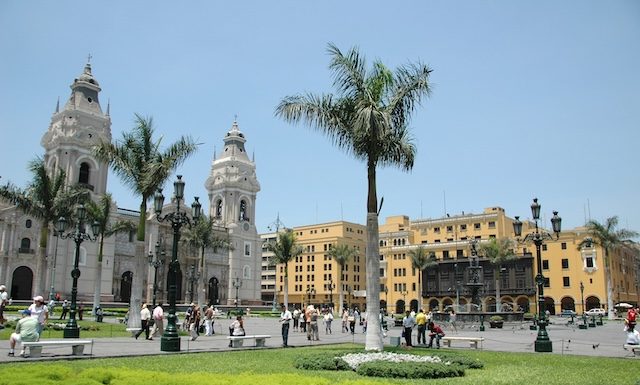 Downtown in Lima Peru showing cathedral and colonial buildings