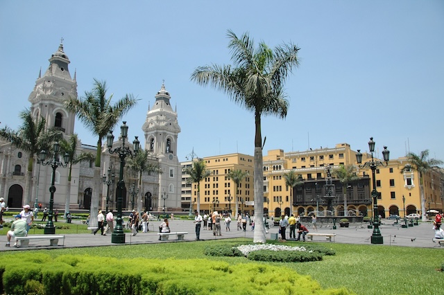Downtown in Lima Peru showing cathedral and colonial buildings
