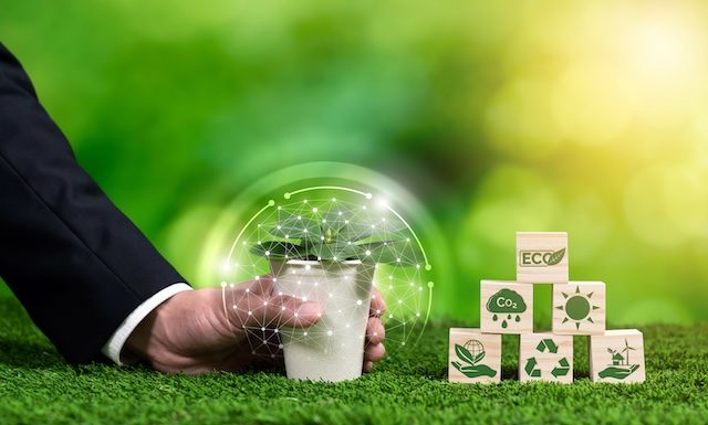 Corporate commitment to ESG or CSR to reduce carbon emission and adopting eco friendly clean business to minimize environmental impact for net zero world concept. Reliance
