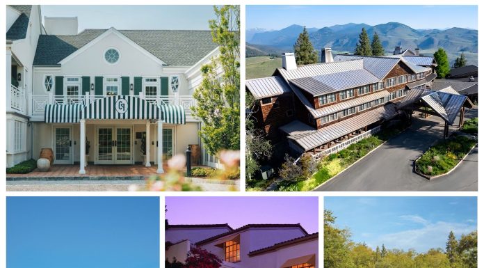 Canoe Place Inn (upper left); Sun Mountain Lodge (upper right); UCLA Meyer and Renee Luskin Conference Center (bottom left); The Inn at UCLA (bottom middle); and UCLA Lake Arrowhead Lodge (bottom right).