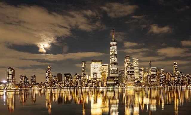 New York skyline at night. New York city night skyline. New York downtown night panorama. New York Manhattan night cityscape