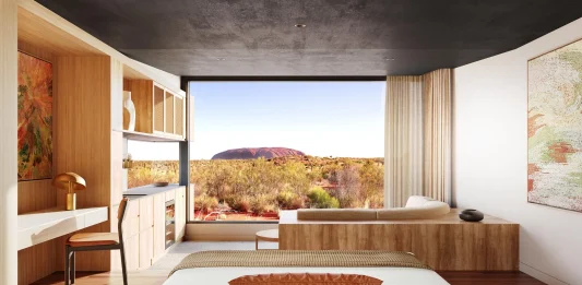 Ouverture T1 2028, Australie | Beckons annonce un nouveau lodge ultra-luxe à Uluru-Kata Tjuta Rendering of a Desert Suite with views of Uluṟu – credit VASTview